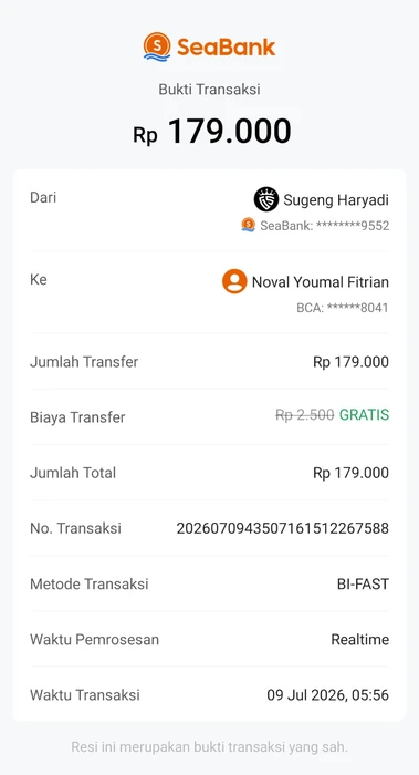 Bukti transfer pembelian buku Ghost Selling — SeaBank → BCA